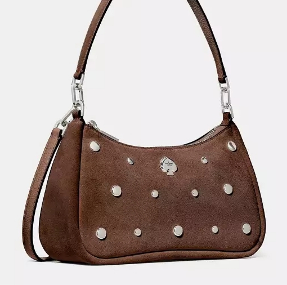 kate spade Brown Suede Studded Shoulder Bag with Silver Accents